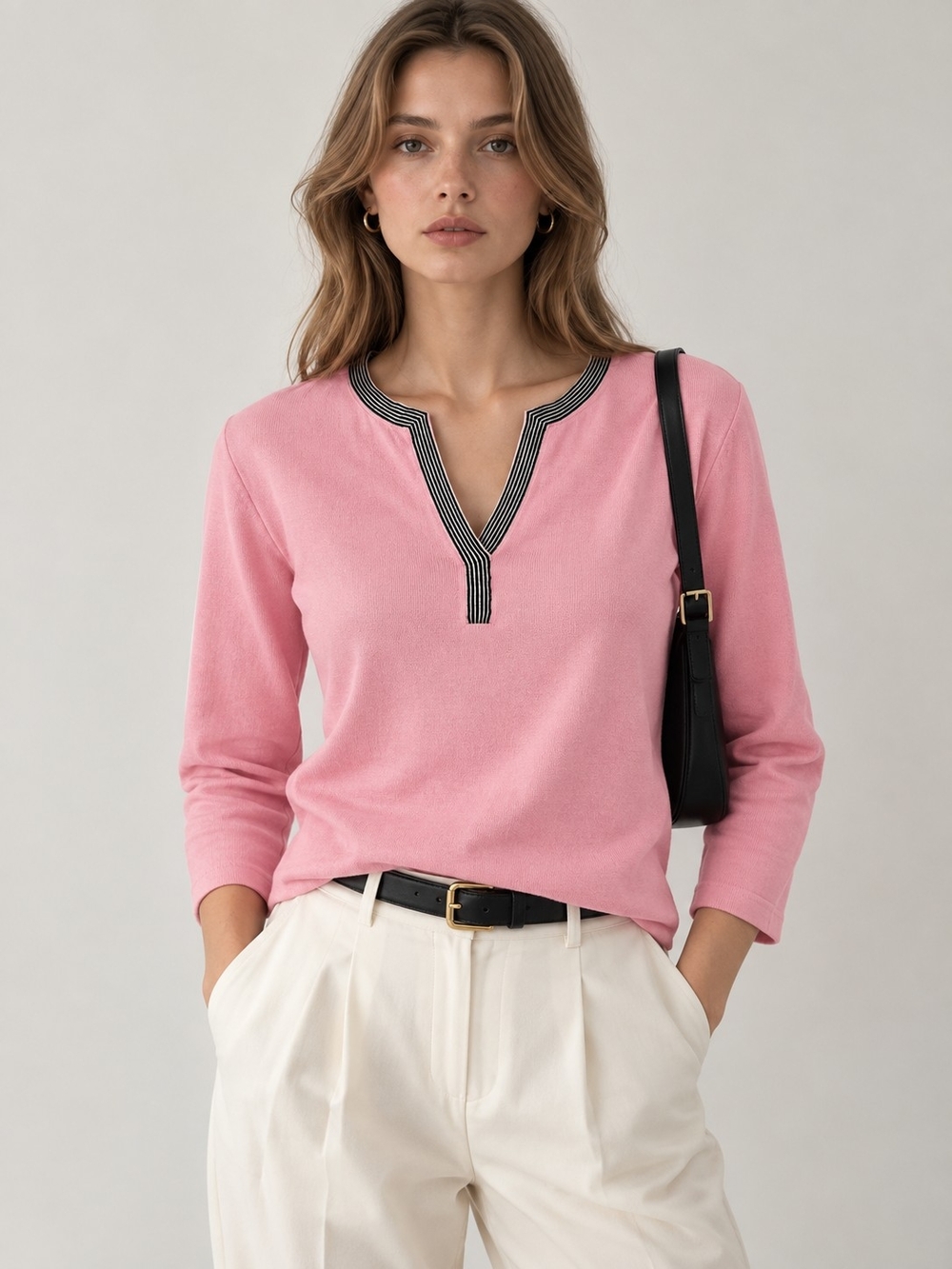 Lauren Ralph Lauren Pink 100% Cotton Striped Trim Preppy Knit Top XS